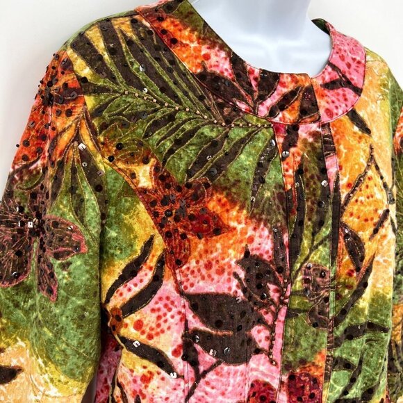 Chico's Collarless Blazer Jacket Beaded Leafy Sequin Floral Tropical Rain Forest - Picture 4 of 9